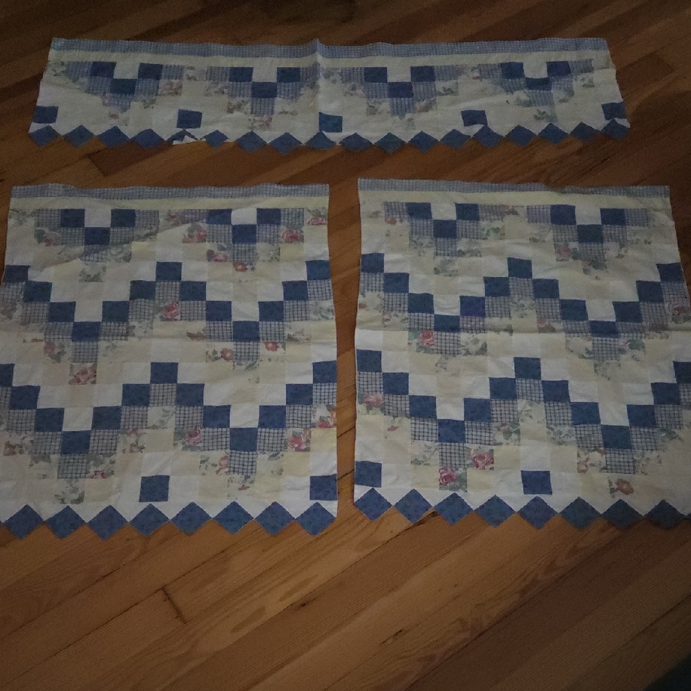 Blue and White Patchwork & Roses Valance & Curtain Panels